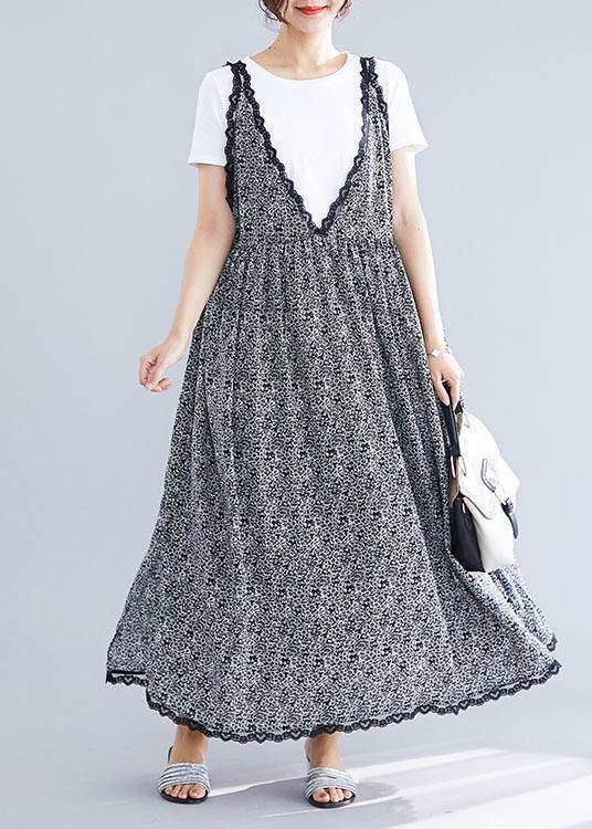 Floral Print V-Neck Lace Trim Scalloped Hem Sleeveless Gathered Waist Maxi Dress
