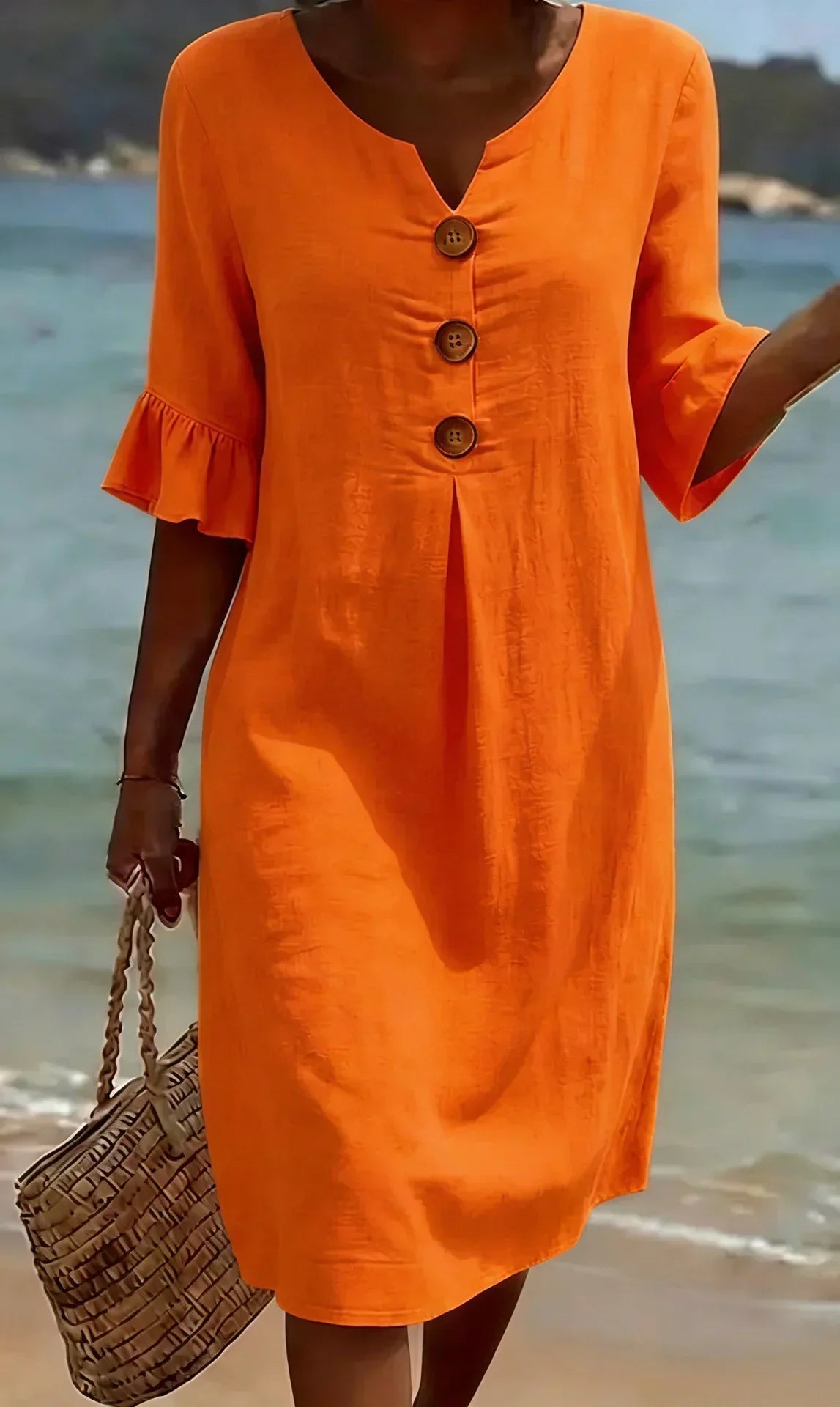 V-Neck Button Front Ruffle Sleeve Midi Dress