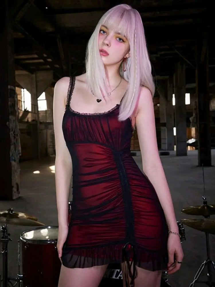 Square Neck Spaghetti Strap Ruched Lace Trim Bodycon Mini Dress