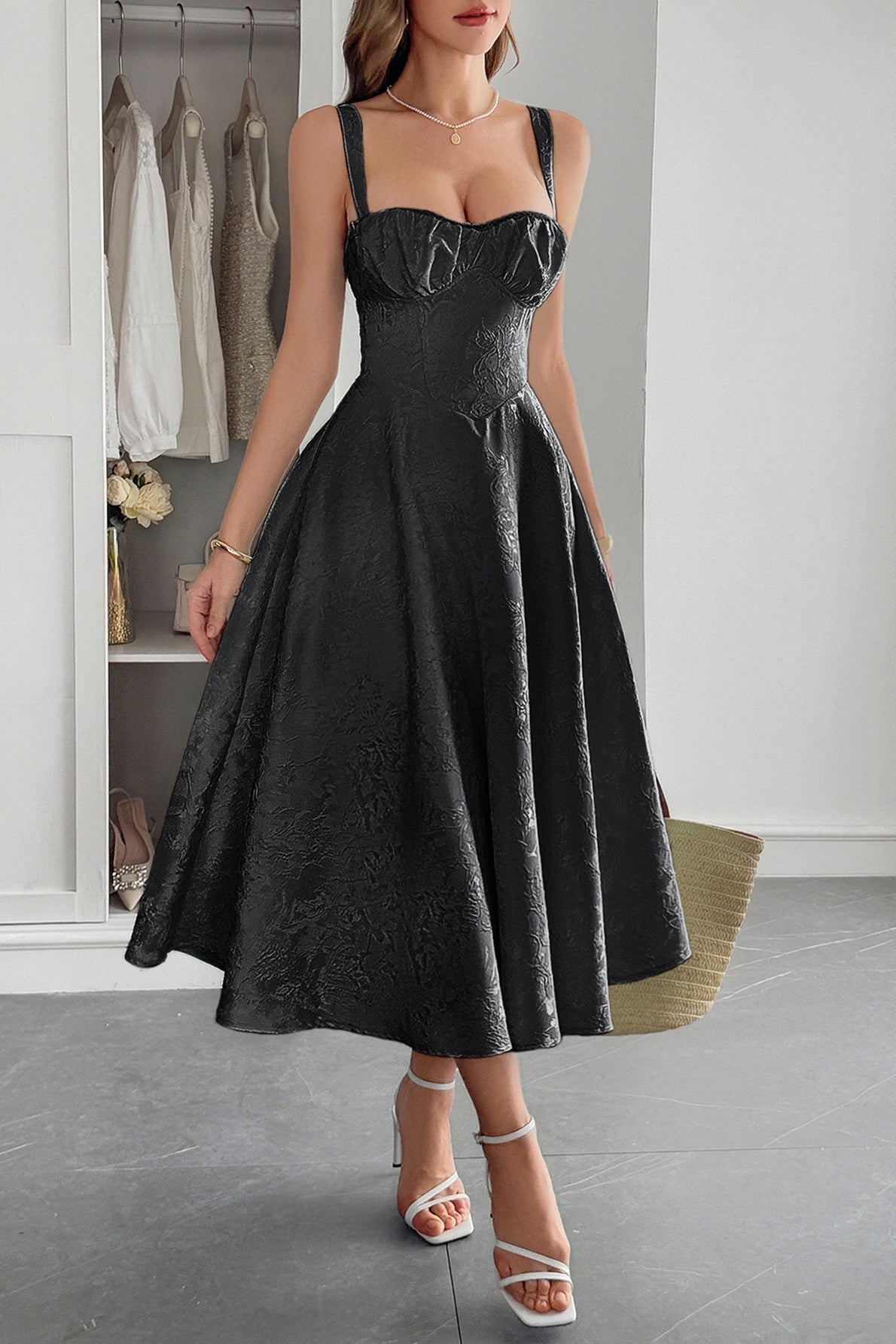 Jacquard Sweetheart Lace Trim Corset Bodice Pocket A-Line Midi Dress - View 8