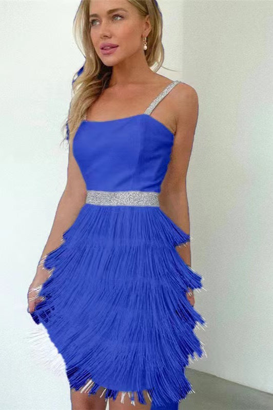 Spaghetti Strap Square Neck Rhinestone Waist Tiered Fringe Mini Cocktail Dress