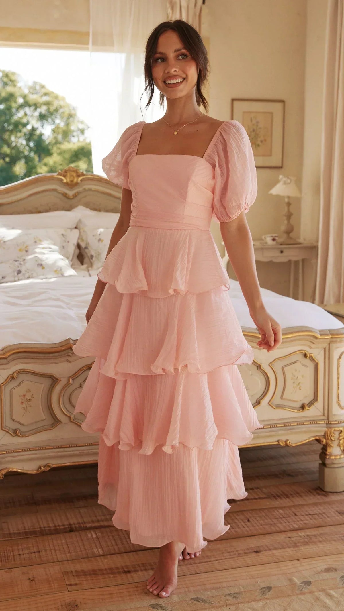 Square Neck Puff Sleeve Tiered Ruffle Maxi Dress 11