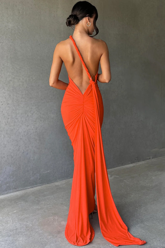 One Shoulder Ruched Open Back Trailing Sash Floor Length Gown
