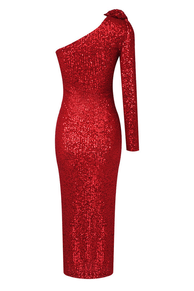 Sequin One Shoulder Long Sleeve Rosette Bodycon Midi Dress