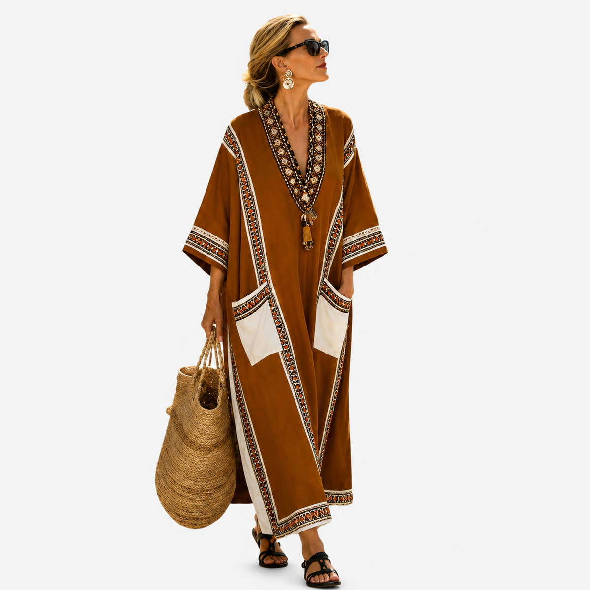 Embroidered Trim V-Neck Pocket Kaftan Maxi Dress