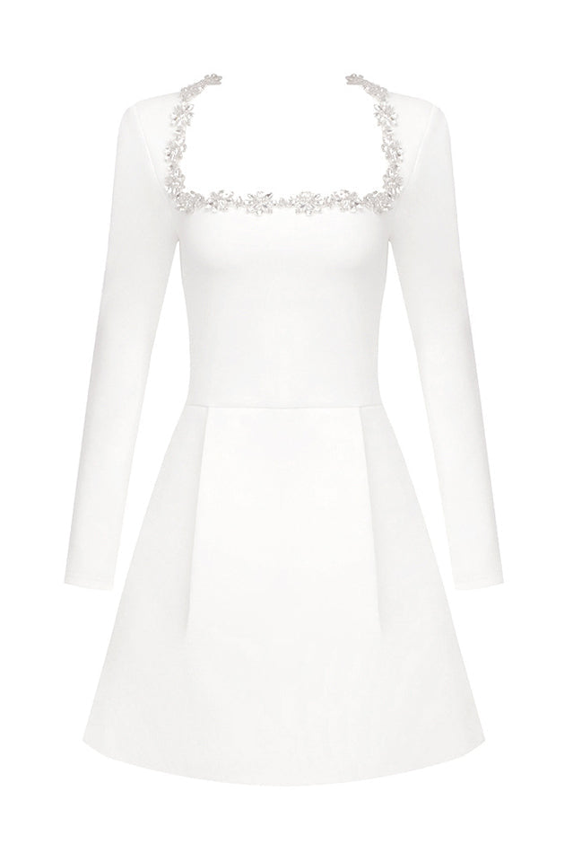 Rhinestone Trim Square Neck Long Sleeve Pleated Pocket Mini Dress