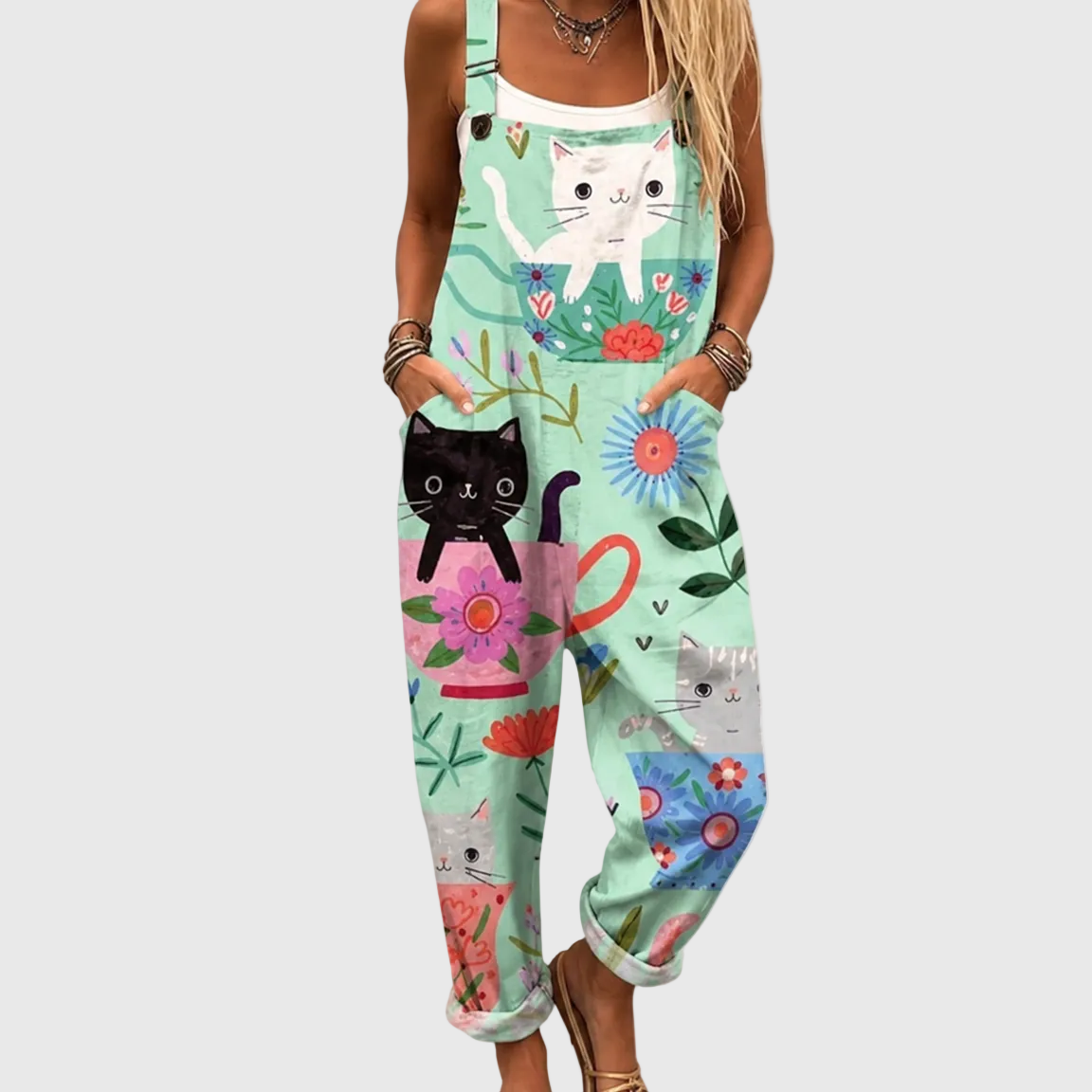 Cat and Floral Print Wide Leg Overall Jumpsuit