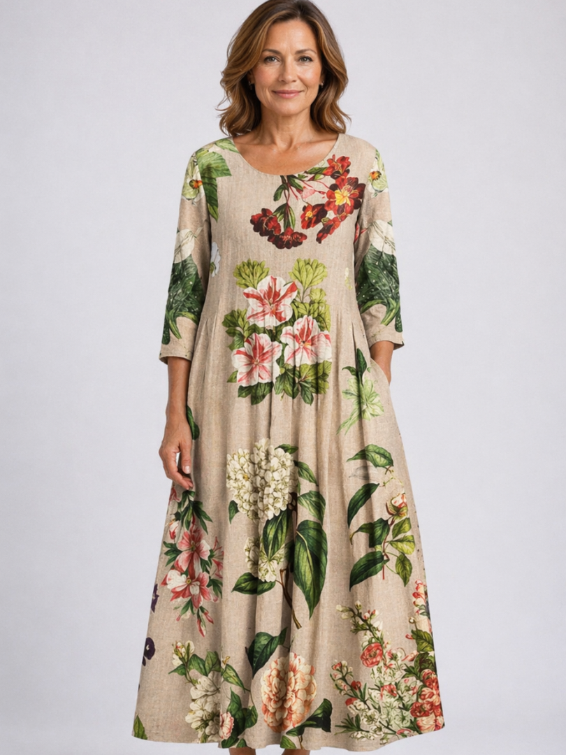 Floral Round Neck Pleated Pocket Maxi Dress