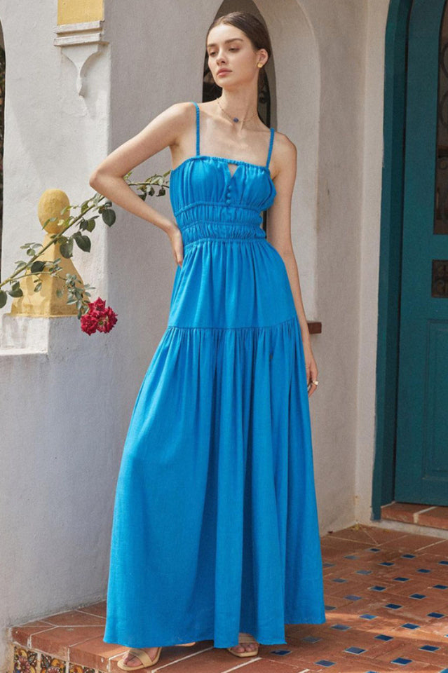 Spaghetti Strap Ruched Bodice Keyhole Tiered Maxi Dress