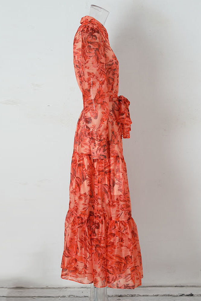 Floral Balloon Sleeve Collar Button Front Tie Waist Tiered Maxi Shirt Dress
