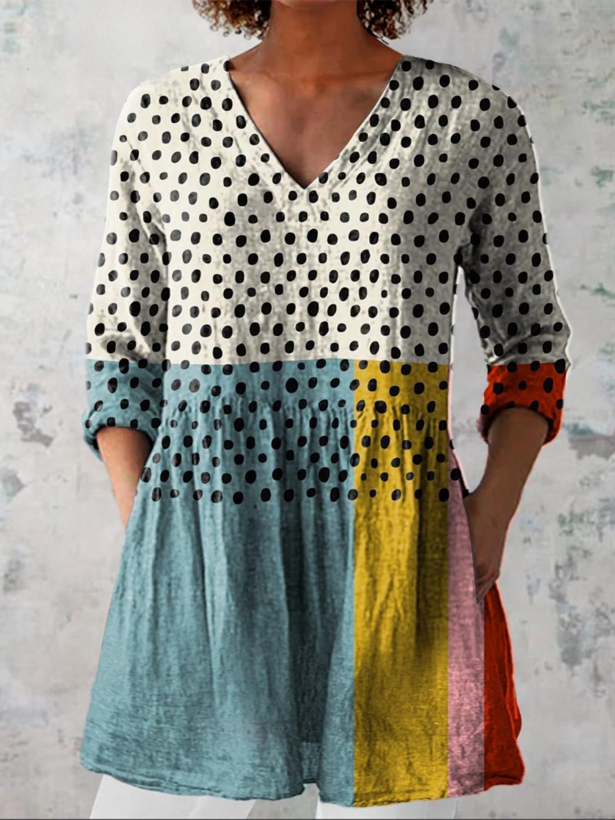 V-Neck Long Sleeve Polka Dot Colorblock Tunic Top
