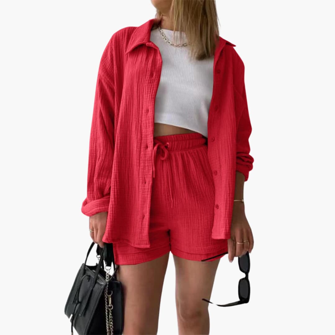 Button Front Shirt and Drawstring Shorts Two Piece Set