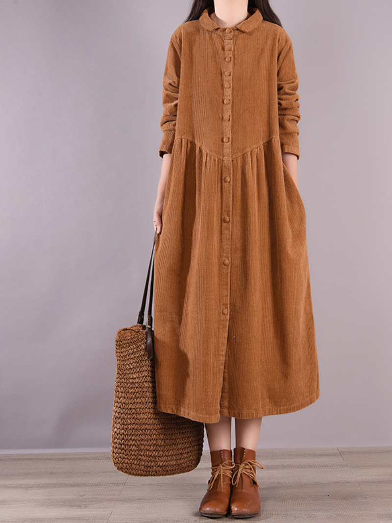 Corduroy Peter Pan Collar Long Sleeve Button Front A-Line Midi Dress