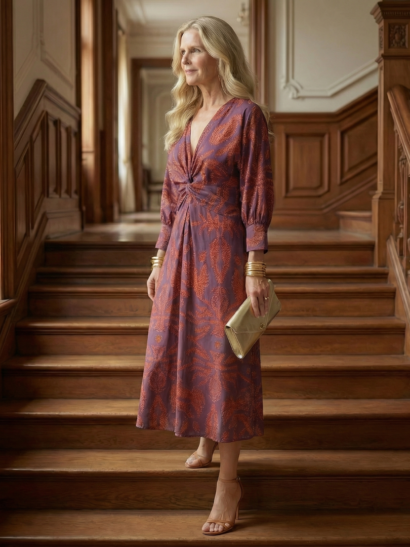 Paisley Print V-Neck Twist Front Long Sleeve Midi Dress
