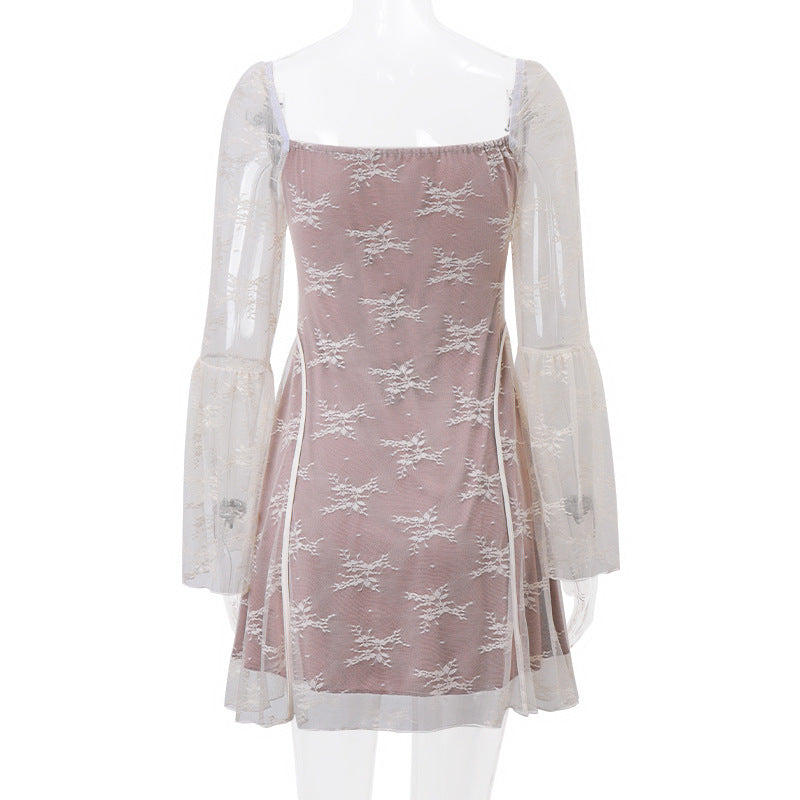Lace square neck long flared sleeve zip-up ruffle mini dress - View 4
