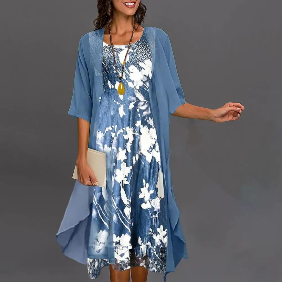 Floral Print Round Neck Open Cardigan Handkerchief Hem Two Piece Set