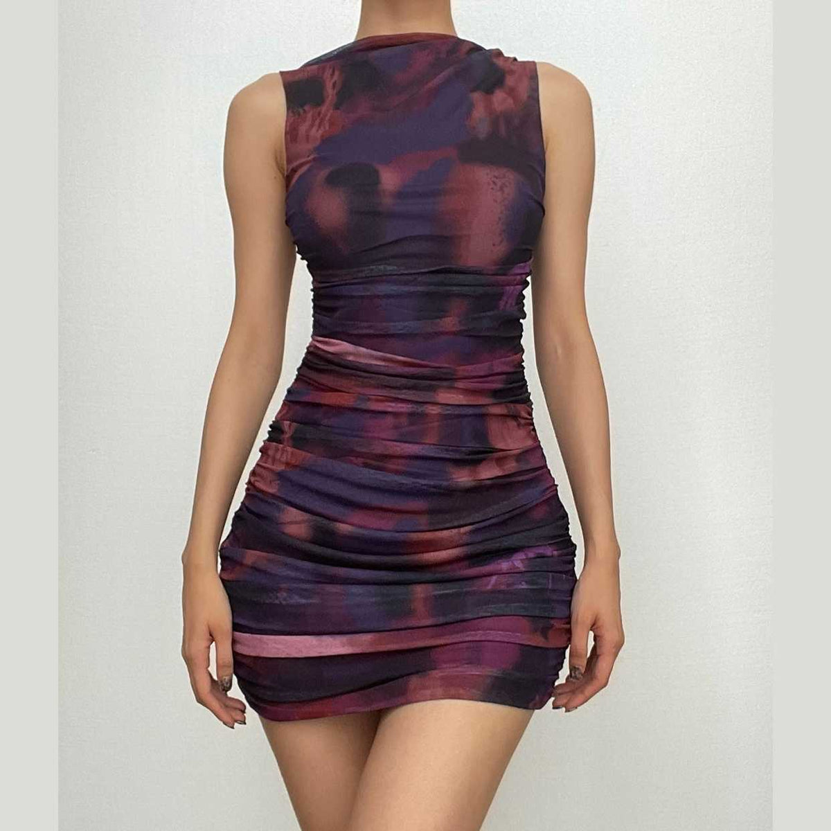 Tie Dye Sleeveless Crew Neck Ruched Mesh Bodycon Mini Dress