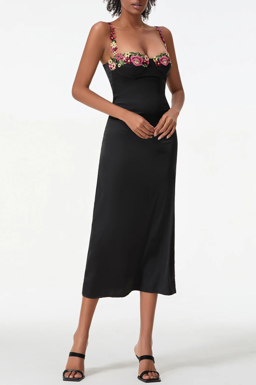 Satin Sweetheart Spaghetti Strap Floral Embroidery Bodycon Midi Dress