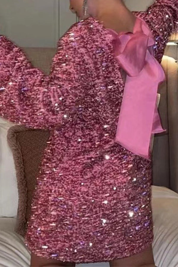 Sequin Round Neck Long Sleeve Oversized Swing Mini Dress