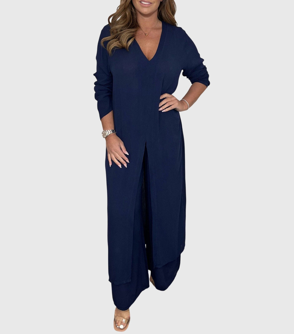 Long Sleeve Side Slit Longline Top and Wide Leg Pants Two Piece Set