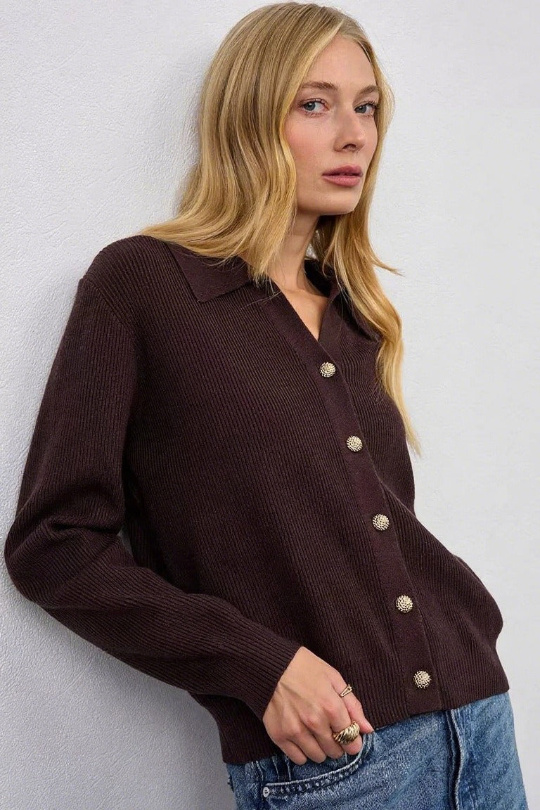 Collared V-Neck Long Sleeve Ribbed Knit Button Front Cardigan 2