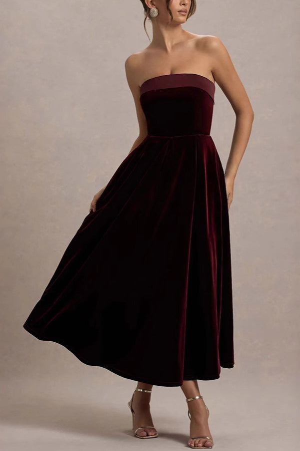 Velvet Strapless Fit and Flare A-Line Midi Dress