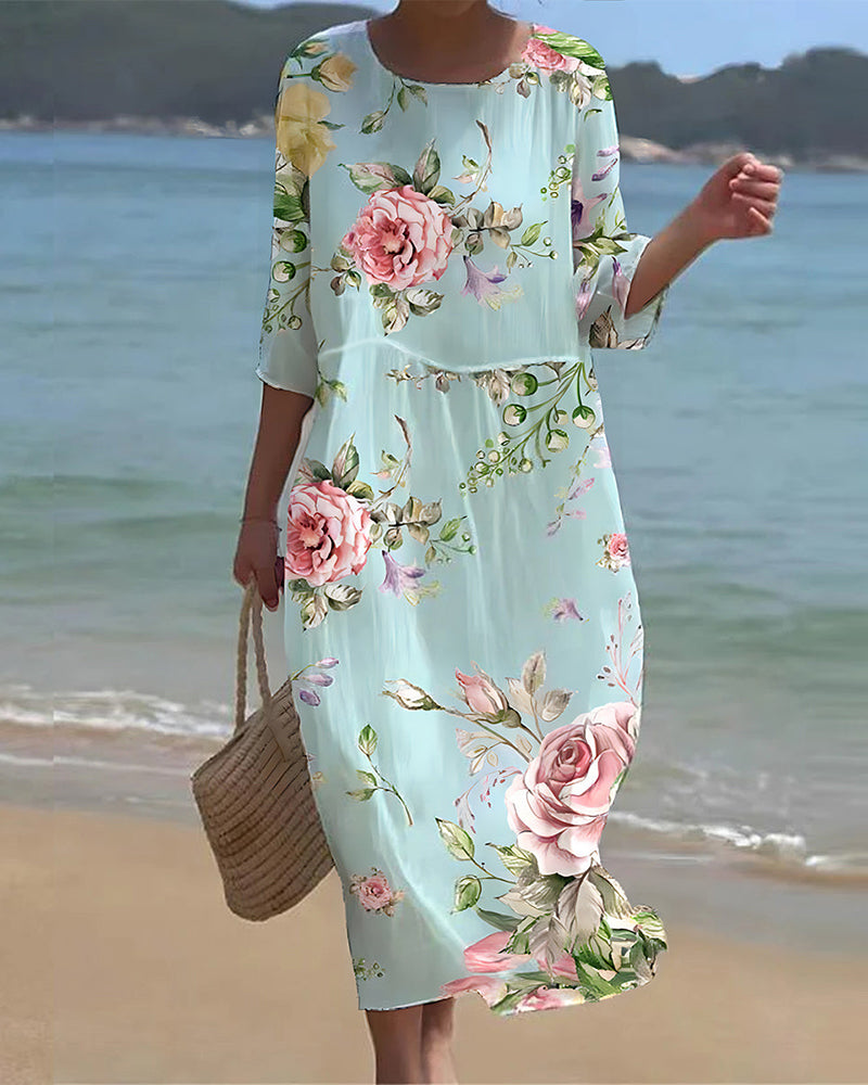 Large Floral Print Round Neck Half Sleeve Shift Midi Dress