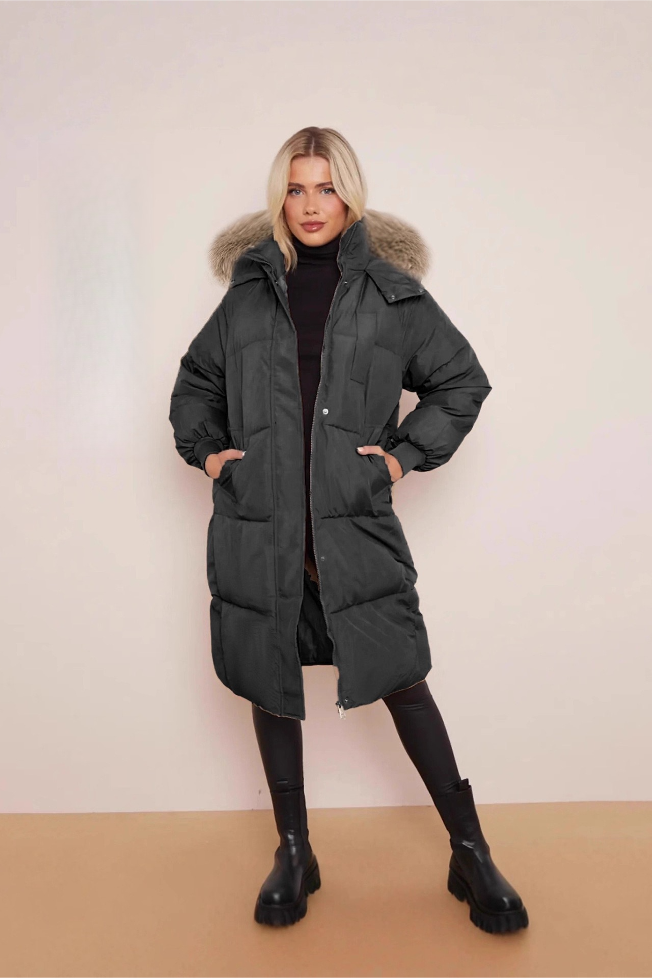 Thick Padded Hooded MidLength Winter Overcoat