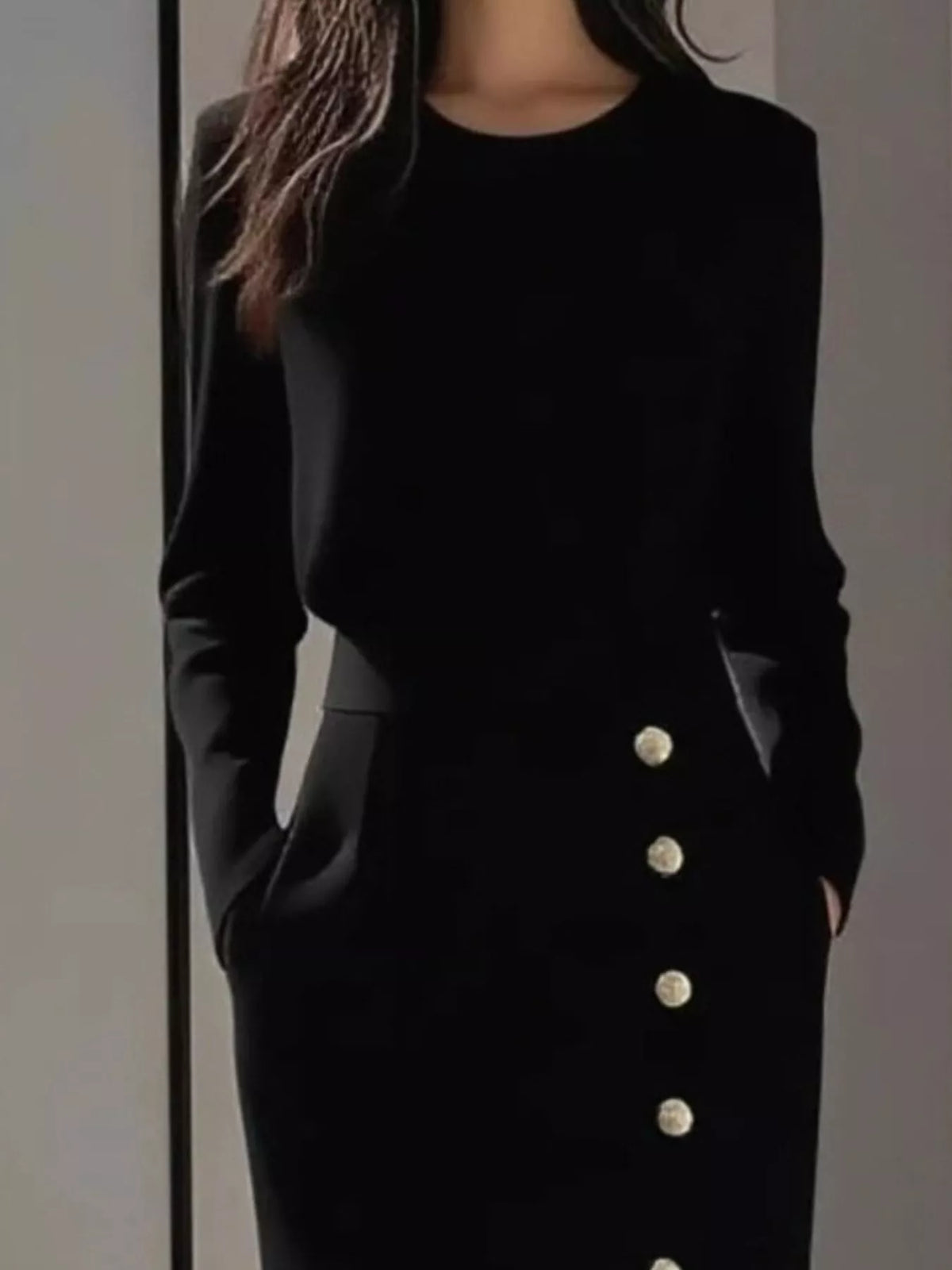Round Neck Long Sleeve Button Detail Side Split Midi Dress 5