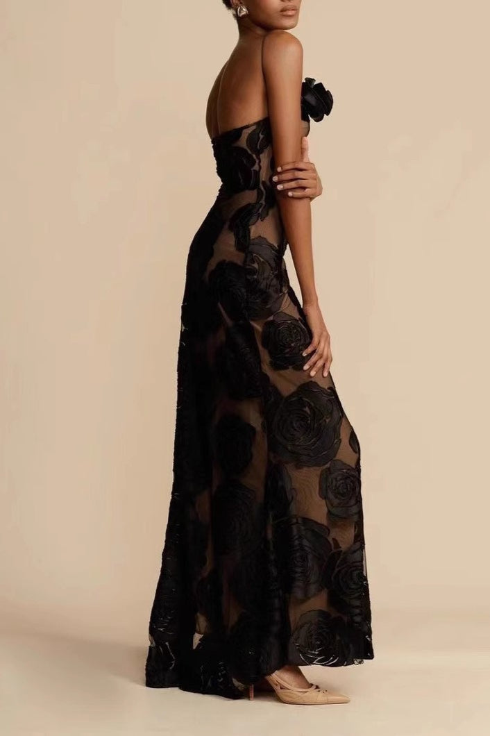 Floral Rosette One Shoulder Mesh Mermaid Gown