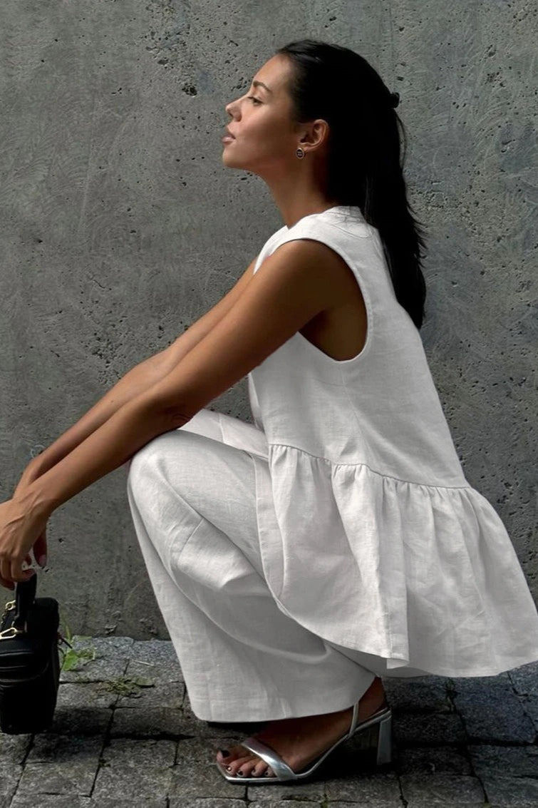 Cotton V Neck Sleeveless Vest Pants Two Piece Set