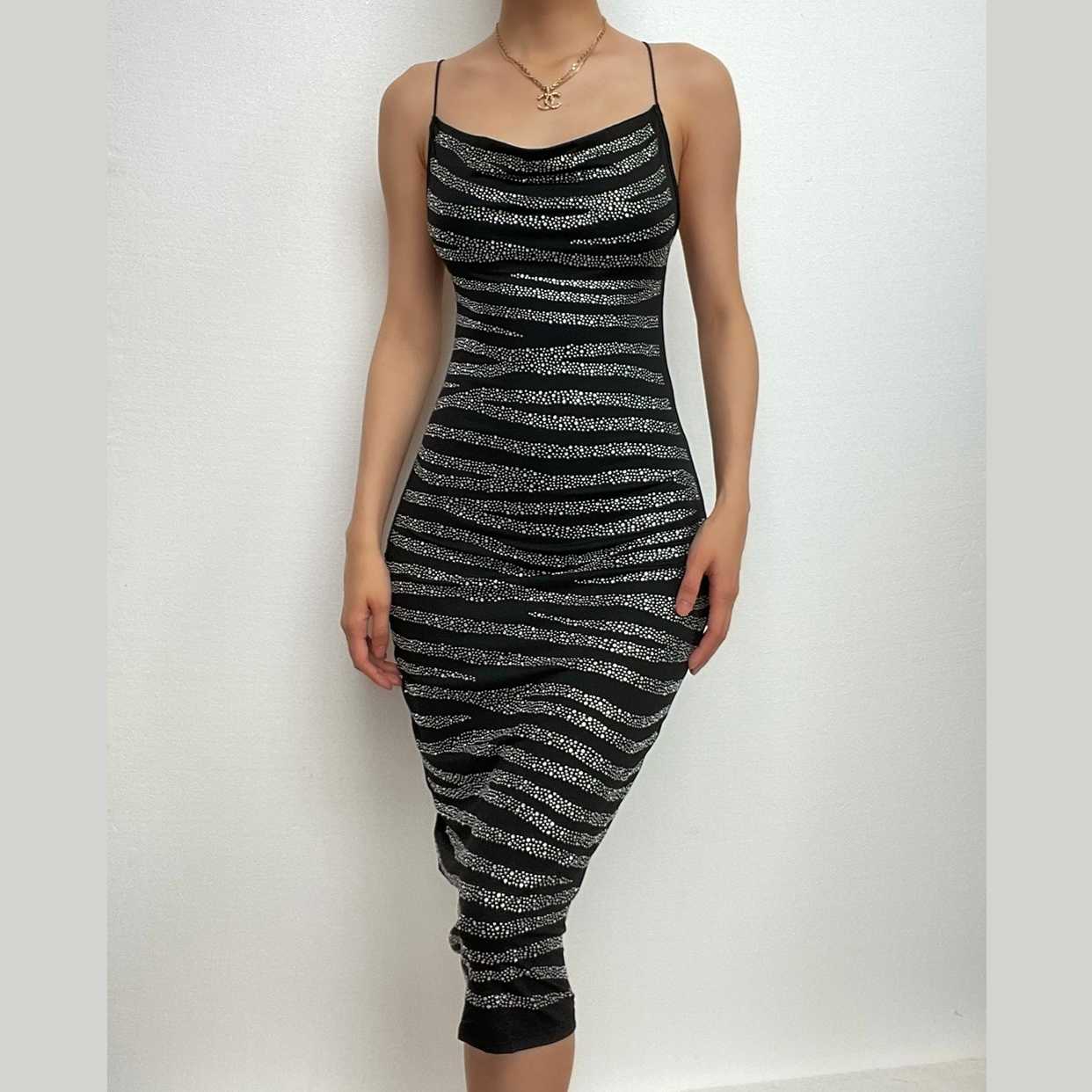 Beaded cowl neck cross back contrast spaghetti strap midi dress