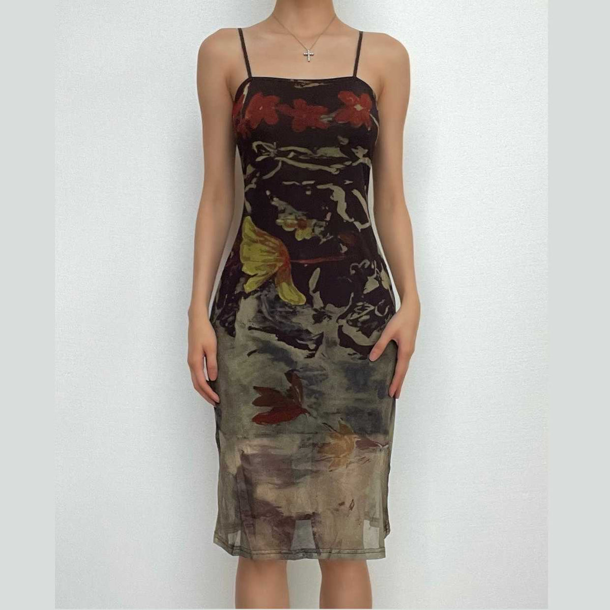 Mesh Abstract Floral Print Square Neck Cami Midi Dress