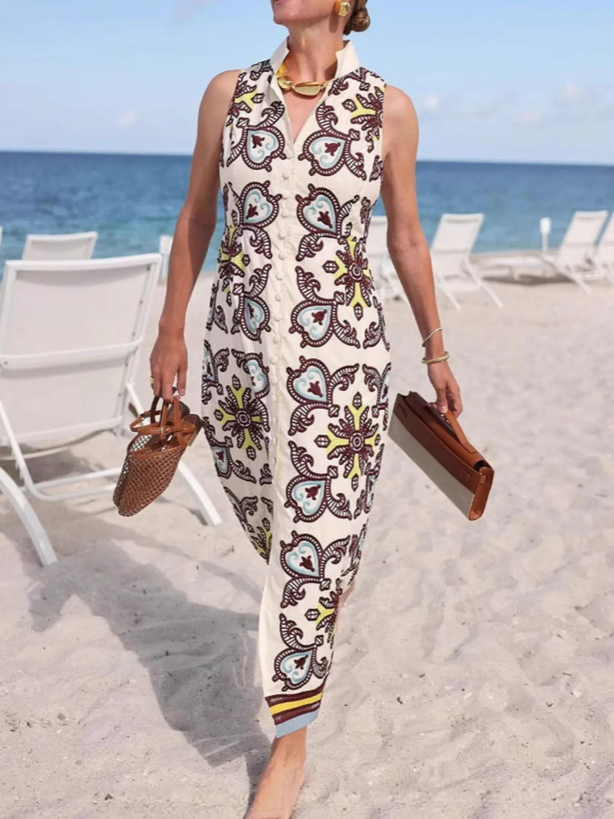 Tile Print Collared Sleeveless Button Front Maxi Shirt Dress
