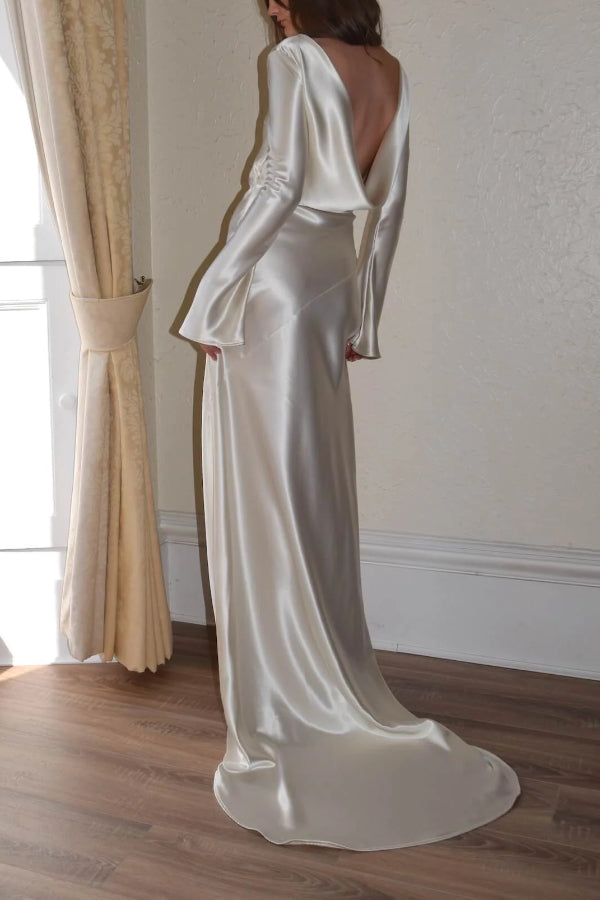 Satin Cowl Back Long Flare Sleeve Maxi Gown with Train
