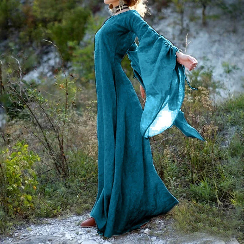 Bell Sleeve Scoop Neck Flowy Linen Look Maxi Dress