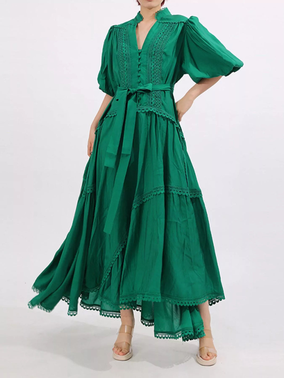 Crochet Lace Trim Notched Neck Puff Sleeve Tie Waist Tiered Maxi Dress 2