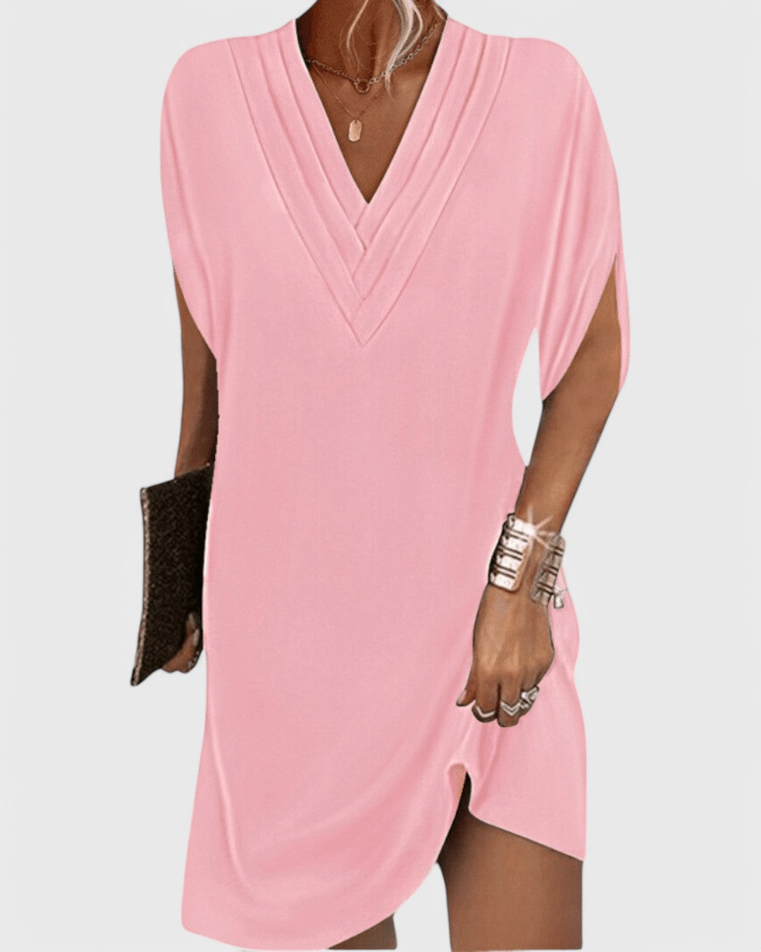 Deep V-Neck Short Sleeve Shift Mini Dress