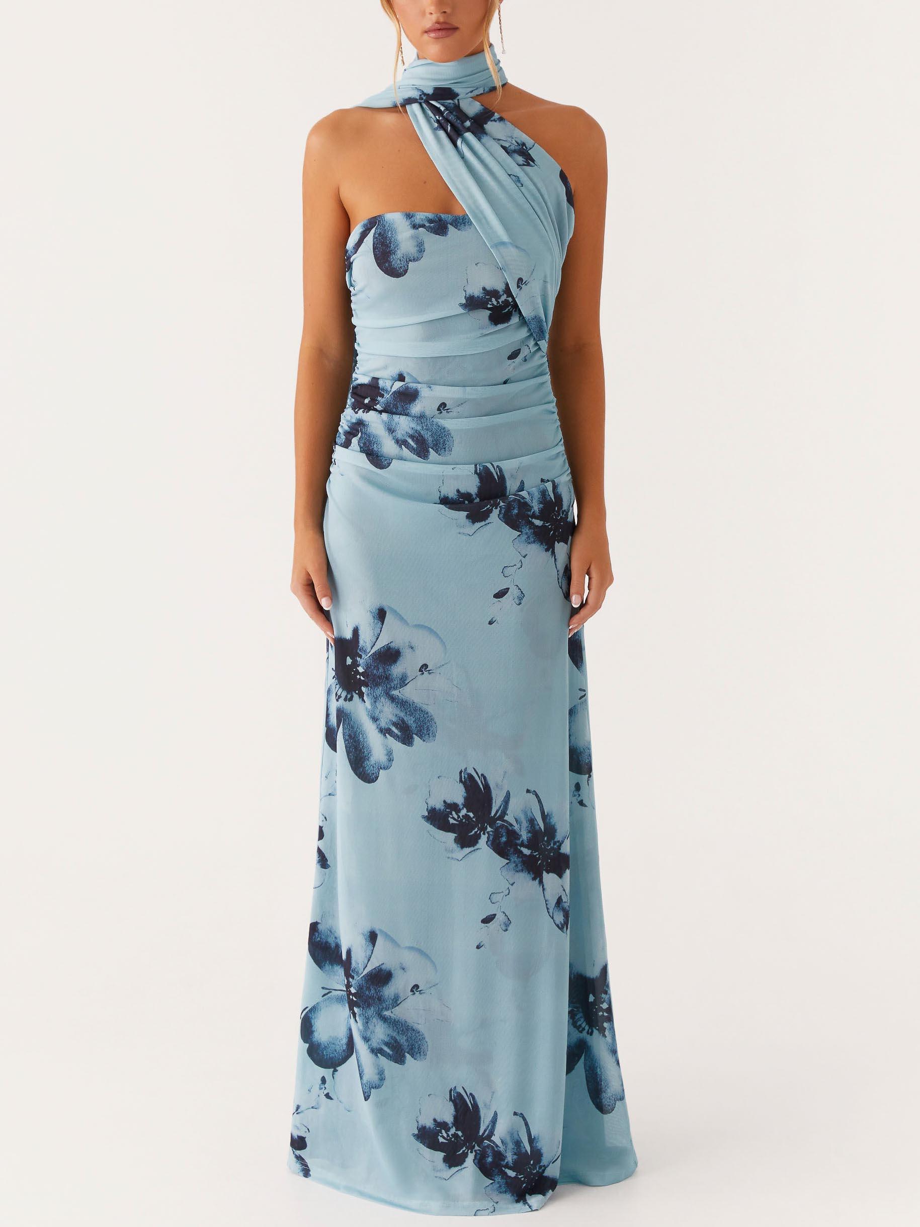 Elegant Floral Print Off-the-shoulder Maxi Dress Blue