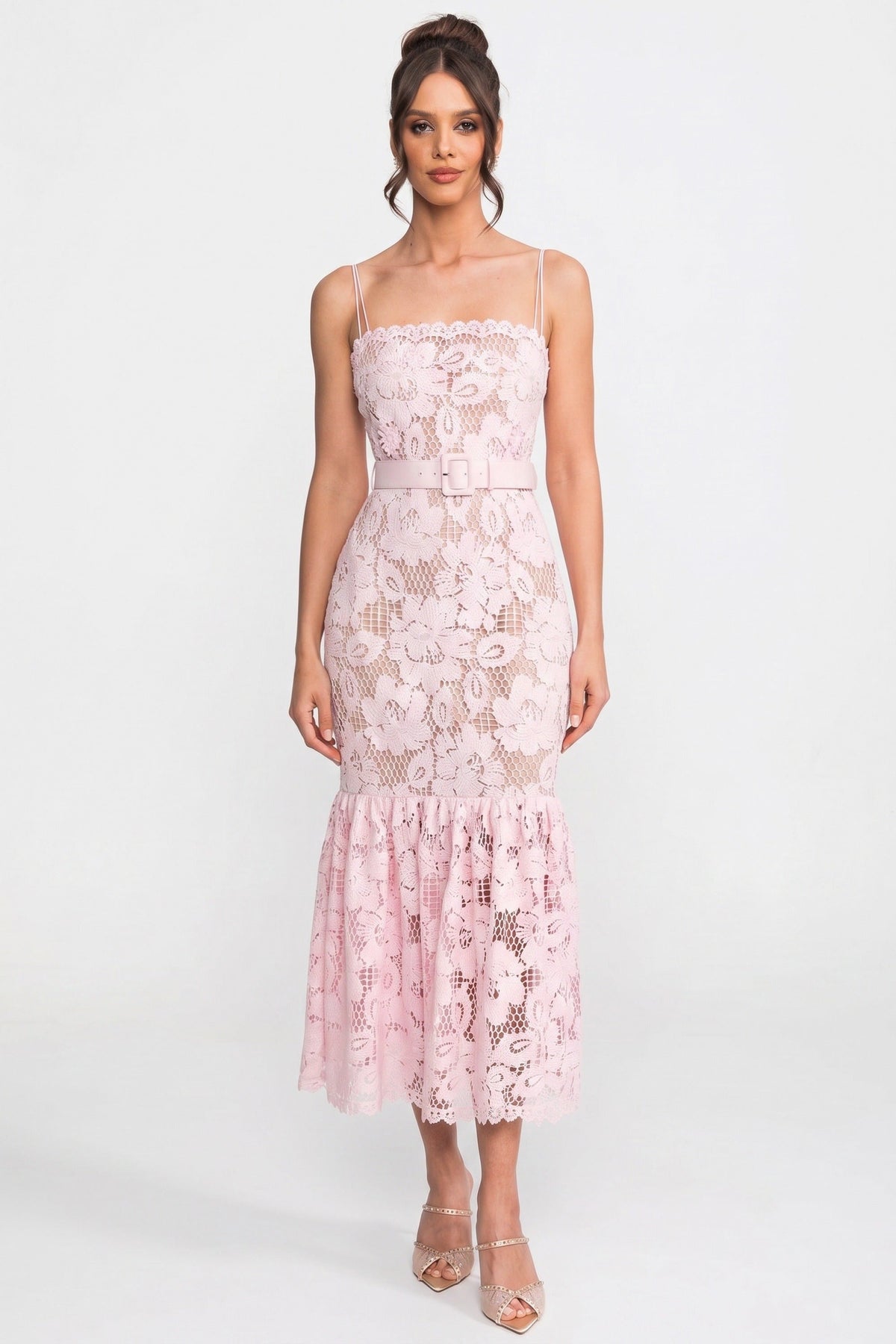 Square Neck Spaghetti Strap Belted Lace Flounce Hem Midi Dress