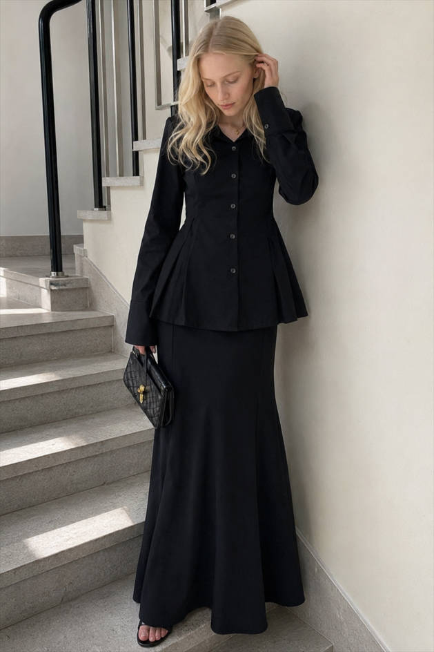 Long Sleeve Button Front Peplum Shirt and Mermaid Maxi Skirt Two Piece Set 3