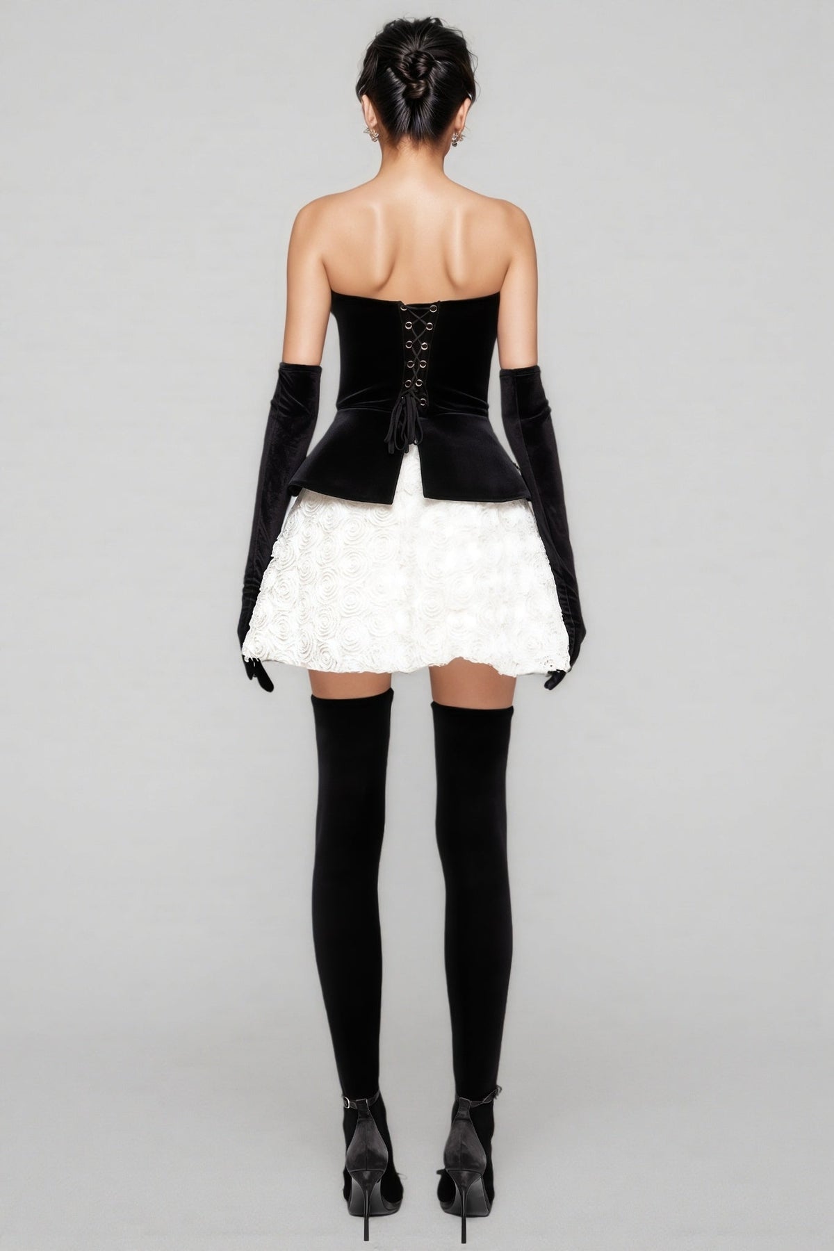 Strapless Velvet Peplum Bodice Rosette Textured Skirt Mini Dress 4