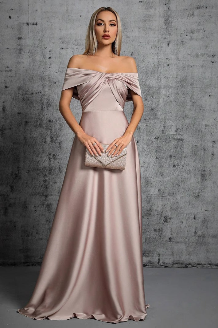 Satin Off Shoulder Twist Front A-Line Maxi Dress