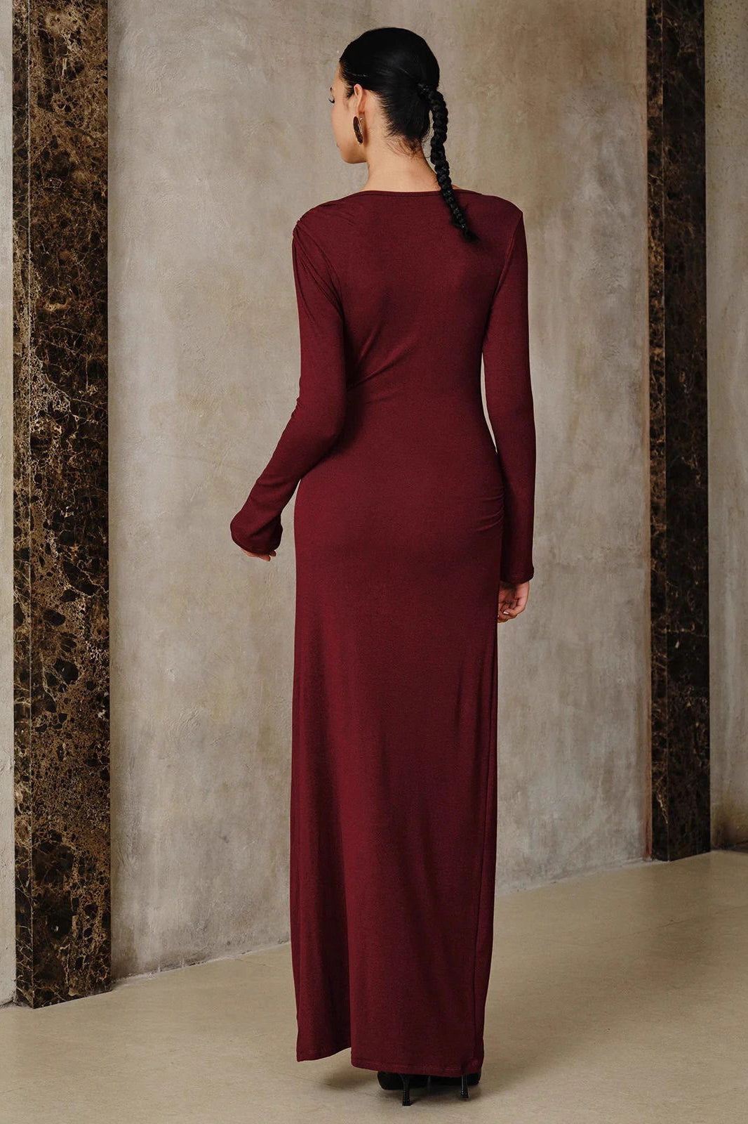 Boat Neck Long Sleeve Ruched Metallic Trim Bodycon Midi Dress