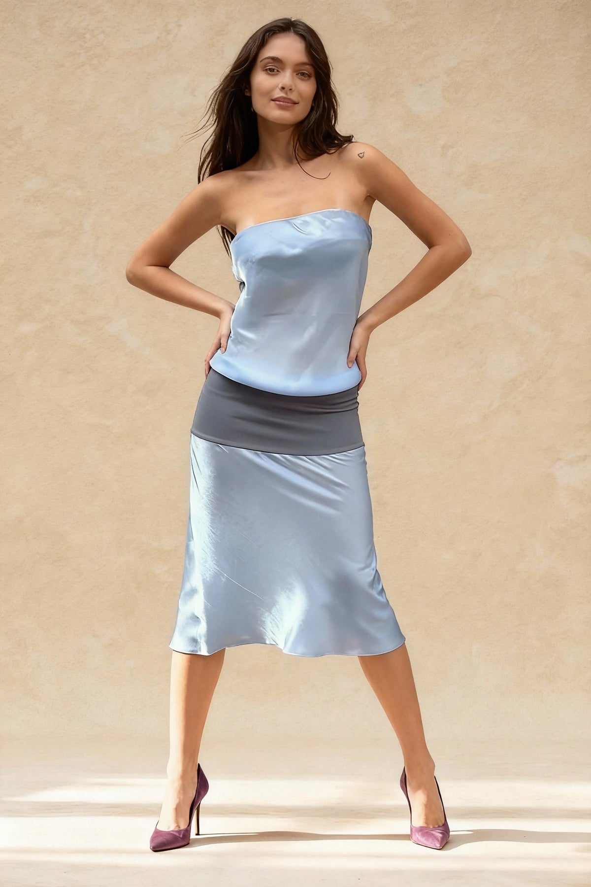 Strapless Satin Contrast Waist Panel Flared Midi Dress 3