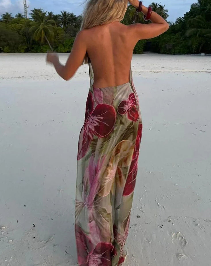 Floral Print Halter Neck Cowl Backless High Split Maxi Dress