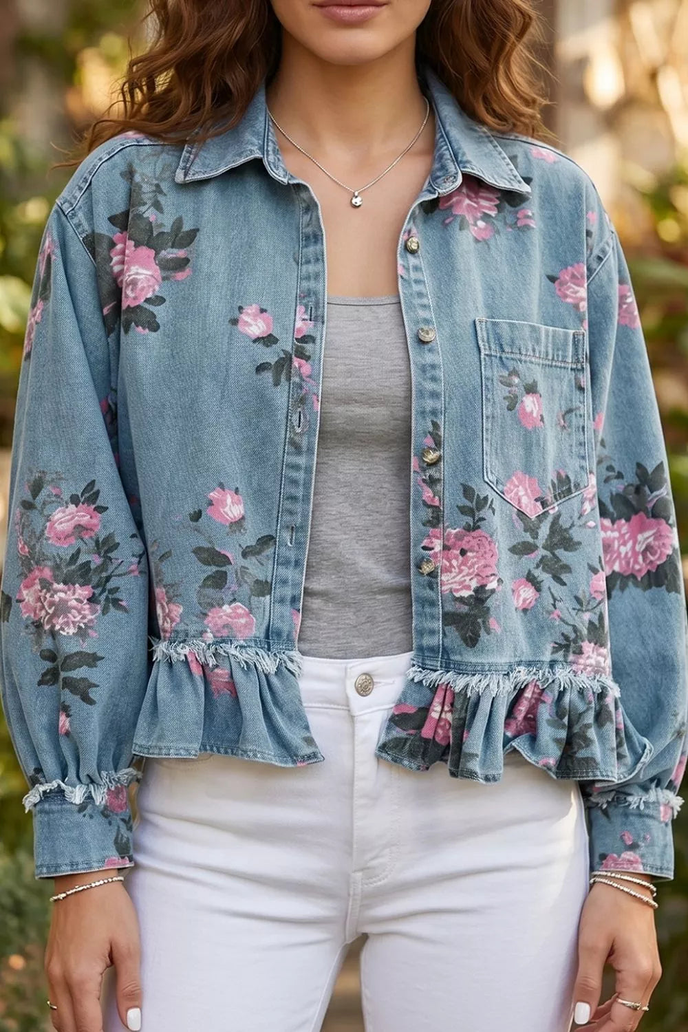 Floral Print Button Front Frayed Ruffle Hem Denim Jacket 5