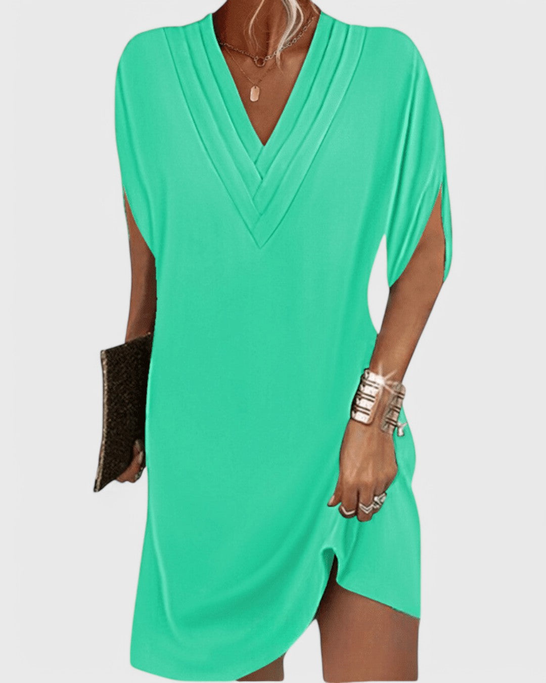 Deep V-Neck Short Sleeve Shift Mini Dress