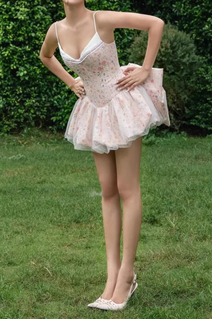 Floral Corset Spaghetti Strap Tulle Bubble Hem Mini Dress