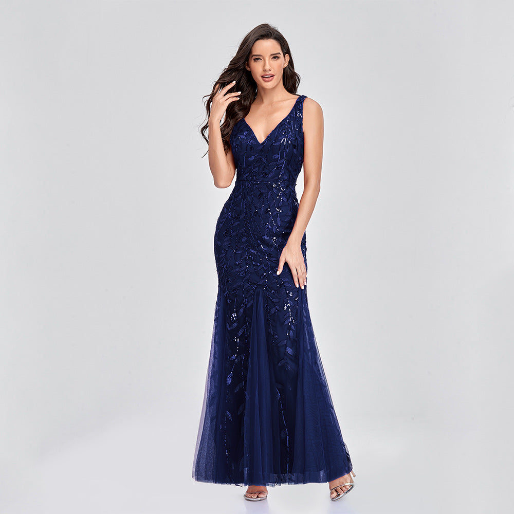 Sequin V-Neck Sleeveless Mermaid Maxi Evening Gown